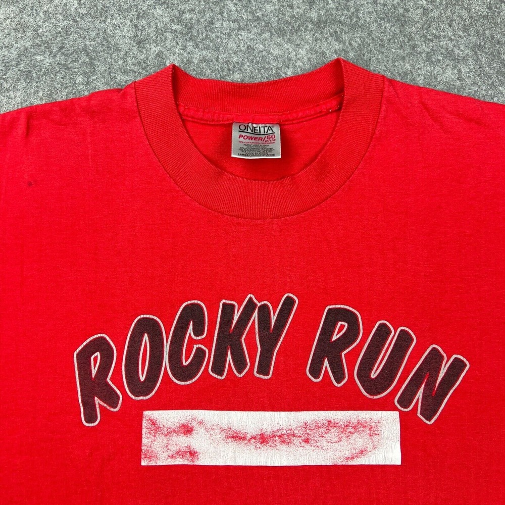 VTG Oneita Shirt Mens Large Red Short Sleeve Rocky Run Gym Tee Single Stitch 90s